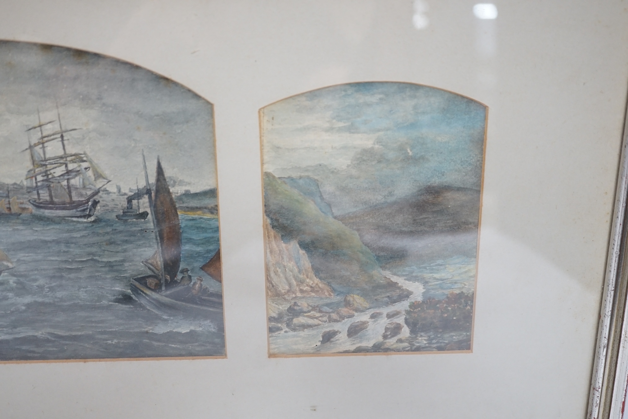 From the Studio of Fred Cuming. 19th century Naïve school, watercolour triptych, Coastal, land and riverscape, unsigned, overall 26 x 56cm. Condition - poor to fair